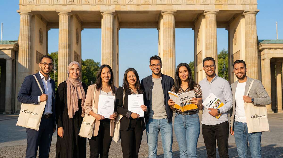 طلاب EYS Morocco أمام بوابة براندنبورغ في ألمانيا